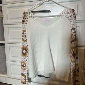 Pink Lily White Sweater with Multicolor Crochet Sleeves